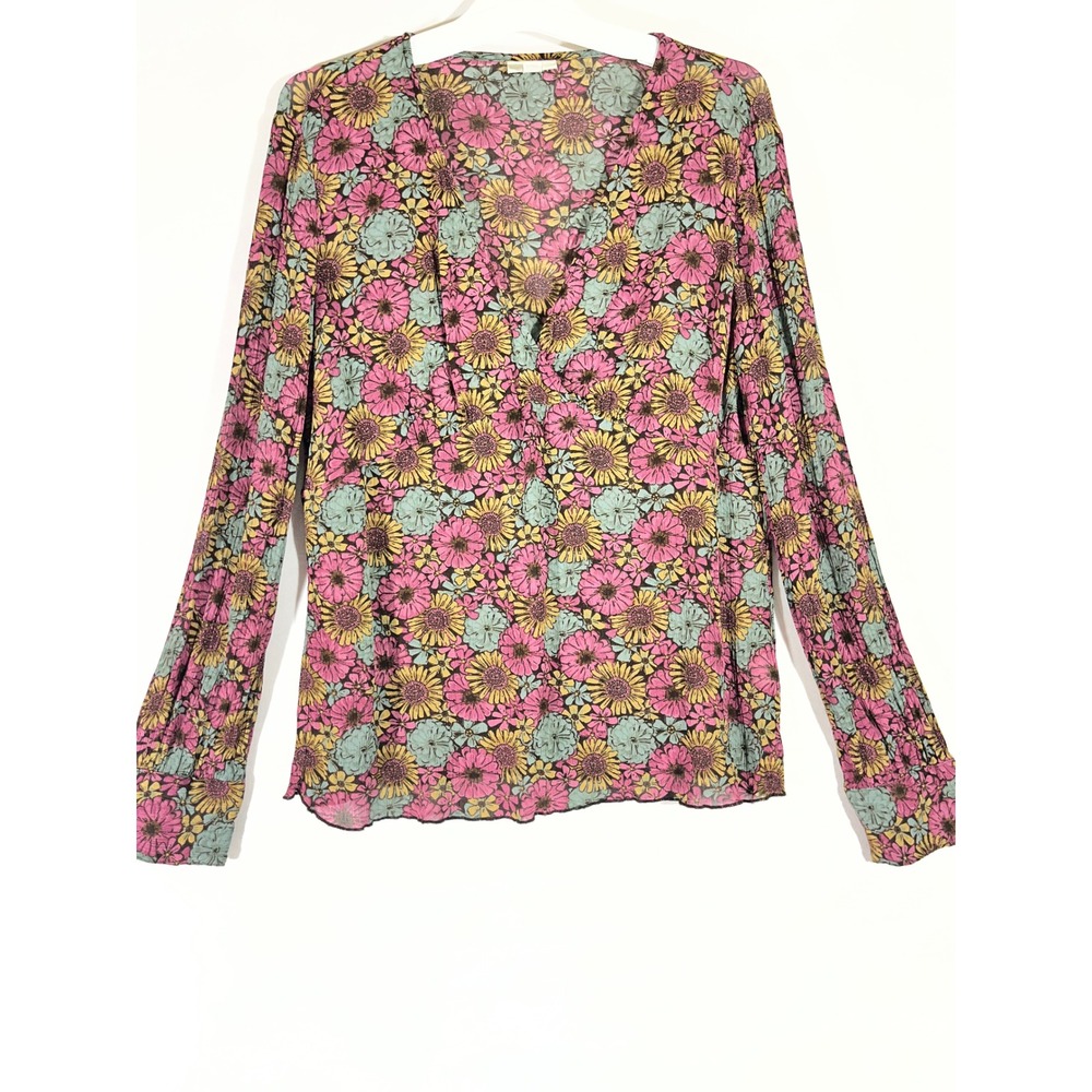 J. Jill Floral Crinkle V-Neck Long Sleeve Blouse Women S Multicolor Sheer Boho